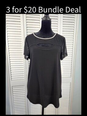 Sweet Violet Sequin Trim Keyhole Top Black Size Medium NWT Short Sheer Sleeve